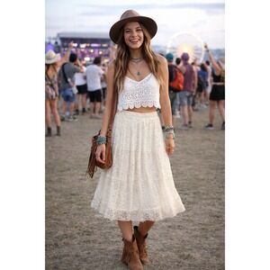 See By Chloé Lace Midi Skirt 42 US 12 Pleated Tiered Coquette Feminine Dainty